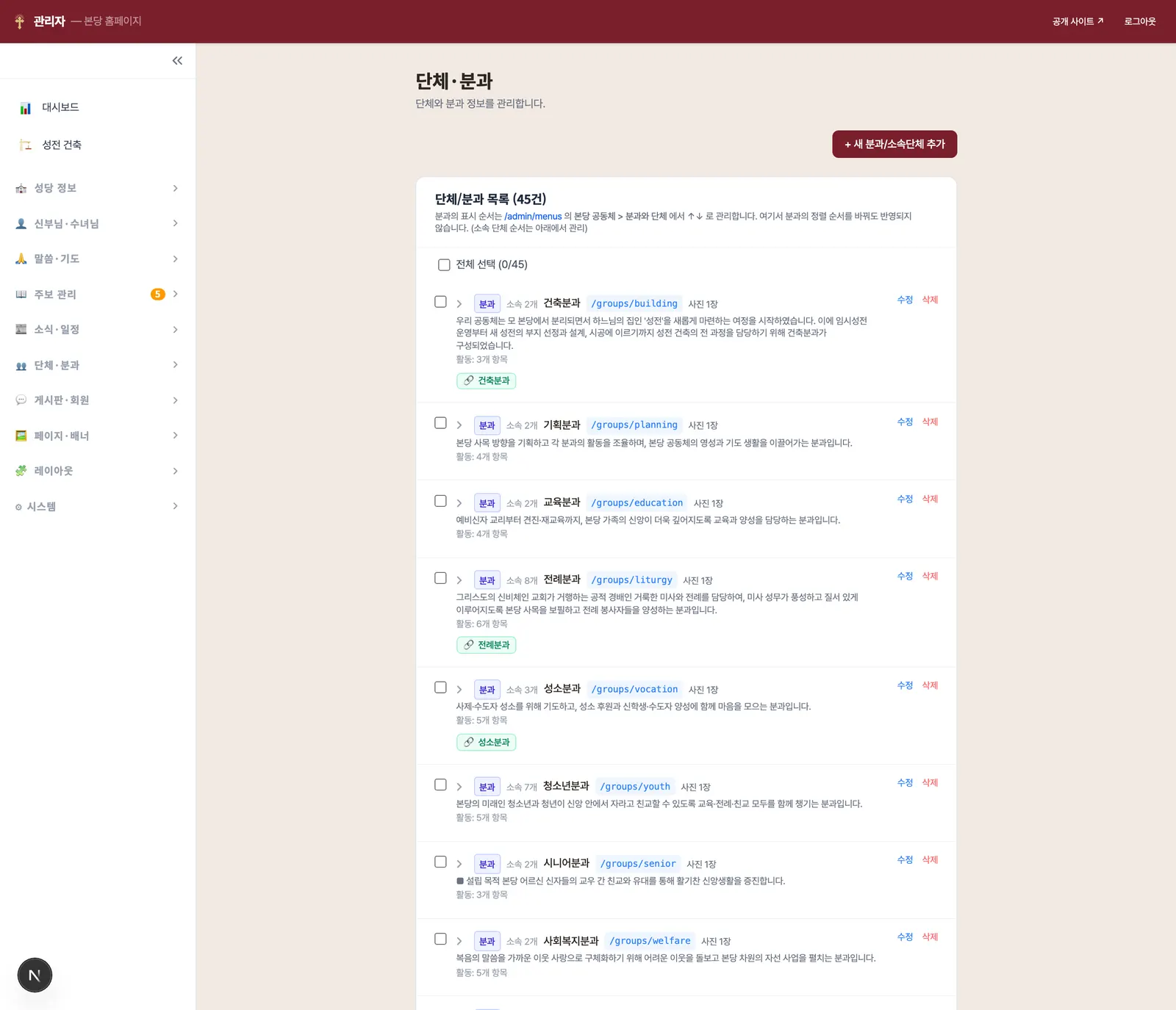 단체·분과 관리 화면 — 분과를 펼치면 소속단체가 나오는 2층 트리 구조